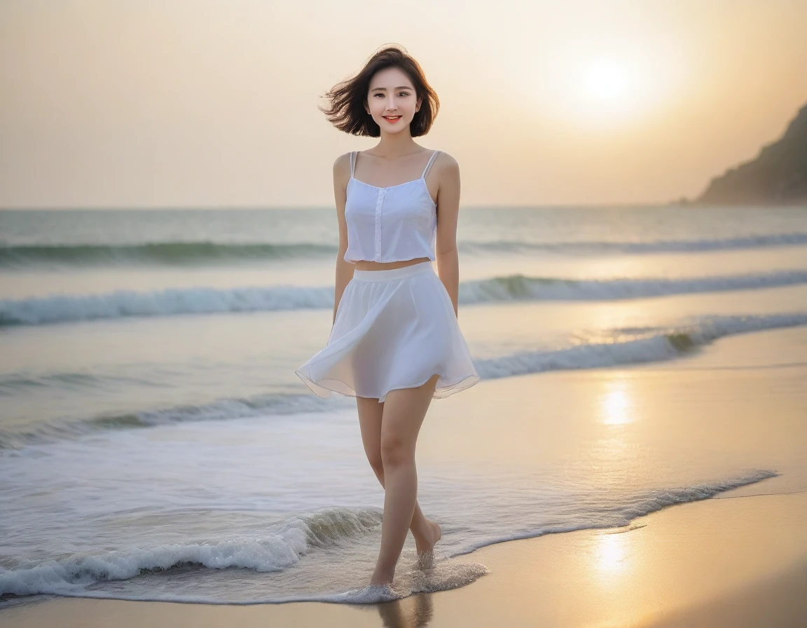 8K, sunset red sun on the beach，A strong lingering scent is reflected in the sea., Beautiful 36-year-old short Korean woman, Chest size 34 inches, Wear sleeveless, light and short white skirt. beautiful pretty woman look , wearing a light skirt , Go far into the sea water and dip your toes., Short medium hair blowing in the wind, 1 woman, beautiful eyes, a little smile, Full-body photo taken from afar with a wide-angle lens, Danang Beach in Vietnam with clean and perfect background, the waves are coming, The picture quality is very clear and clear