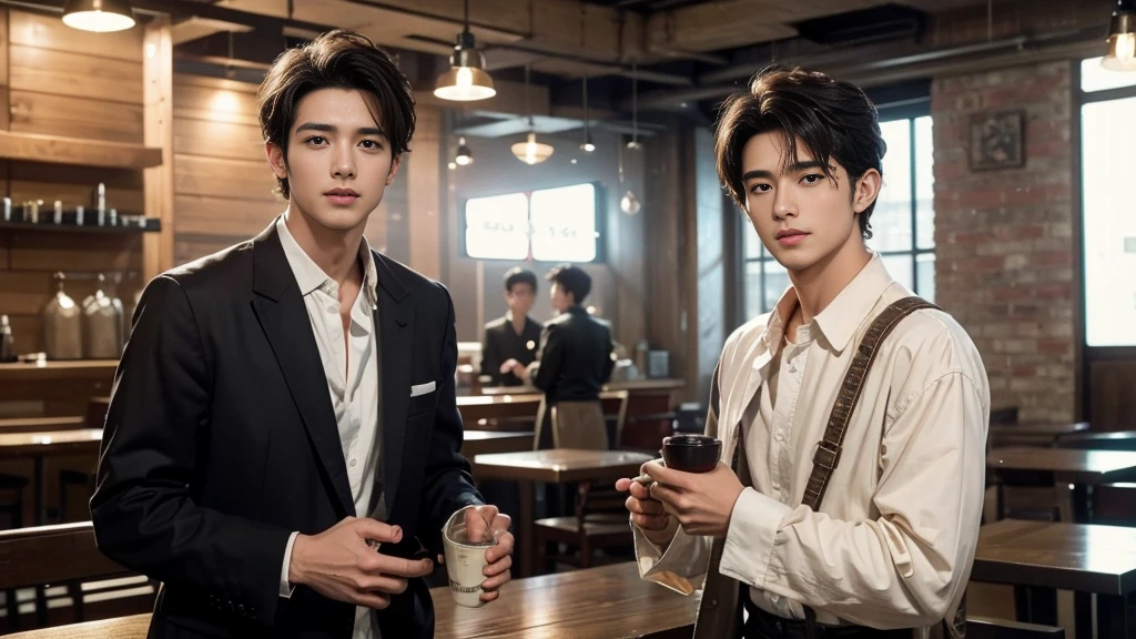 musician、A refreshing, handsome man in his 20s、(Super cool S-class boys)、Japan male, 20 years old、、Photographed inside the cafe、a handsome guy、(CG Unity 8K high resolution photo)、(Very detailedSクラスのa handsome guy性)、(Photorealistic)、(highest quality))、Very detailed、super high quality、expensive、Audience、kind person、Very beautiful hair Perm Hair、Bright photo、Handsome like a model、Handsome like an idol、looking at the camera、Inside a stylish cafe、Stubble