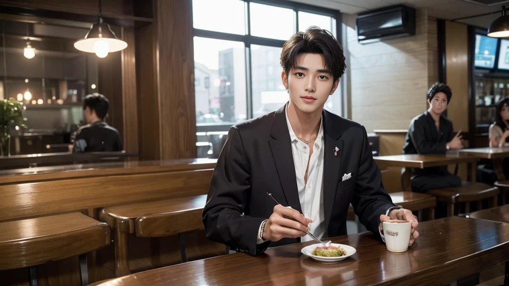 musician、A refreshing, handsome man in his 20s、(Super cool S-class boys)、Japan male, 20 years old、、Photographed inside the cafe、a handsome guy、(CG Unity 8K high resolution photo)、(Very detailedSクラスのa handsome guy性)、(Photorealistic)、(highest quality))、Very detailed、super high quality、expensive、Audience、kind person、Very beautiful hair Perm Hair、Bright photo、Handsome like a model、Handsome like an idol、looking at the camera、Inside a stylish cafe、Stubble