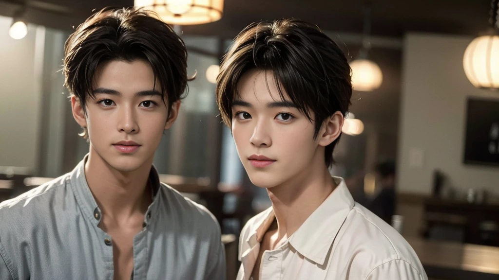 musician、A refreshing, handsome man in his 20s、(Super cool S-class boys)、Japan male, 20 years old、、Photographed inside the cafe、a handsome guy、(CG Unity 8K high resolution photo)、(Very detailedSクラスのa handsome guy性)、(Photorealistic)、(highest quality))、Very detailed、super high quality、expensive、Audience、kind person、Very beautiful hair Perm Hair、Bright photo、Handsome like a model、Handsome like an idol、looking at the camera、Inside a stylish cafe、Stubble