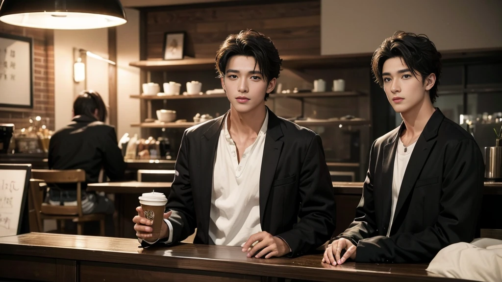 musician、A refreshing, handsome man in his 20s、(Super cool S-class boys)、Japan male, 20 years old、、Photographed inside the cafe、a handsome guy、(CG Unity 8K high resolution photo)、(Very detailedSクラスのa handsome guy性)、(Photorealistic)、(highest quality))、Very detailed、super high quality、expensive、Audience、kind person、Very beautiful hair Perm Hair、Bright photo、Handsome like a model、Handsome like an idol、looking at the camera、Inside a stylish cafe、Stubble