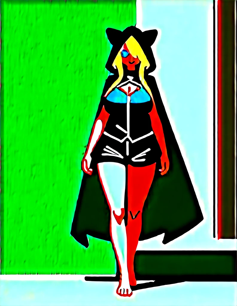 Solo, score_9,score_8_up,score_7_up, source_cartoon, kat, Anthro furry feline, female, tall slender body, long blonde hair, long undercut hair, hair covering one eye, pink nose, blue eyes, white whiskers, silver fur, grey stripes, furry body, wearing black cloth vest, black hood, black cloak, black leather medieval vest, black short shorts, adventuring gear, feet wrapped in bandages, outdoors, nighttime, eyes glowing blue, walking through a dark village alley, medieval city, shrouded in darkness, focused expression,huge breasts 