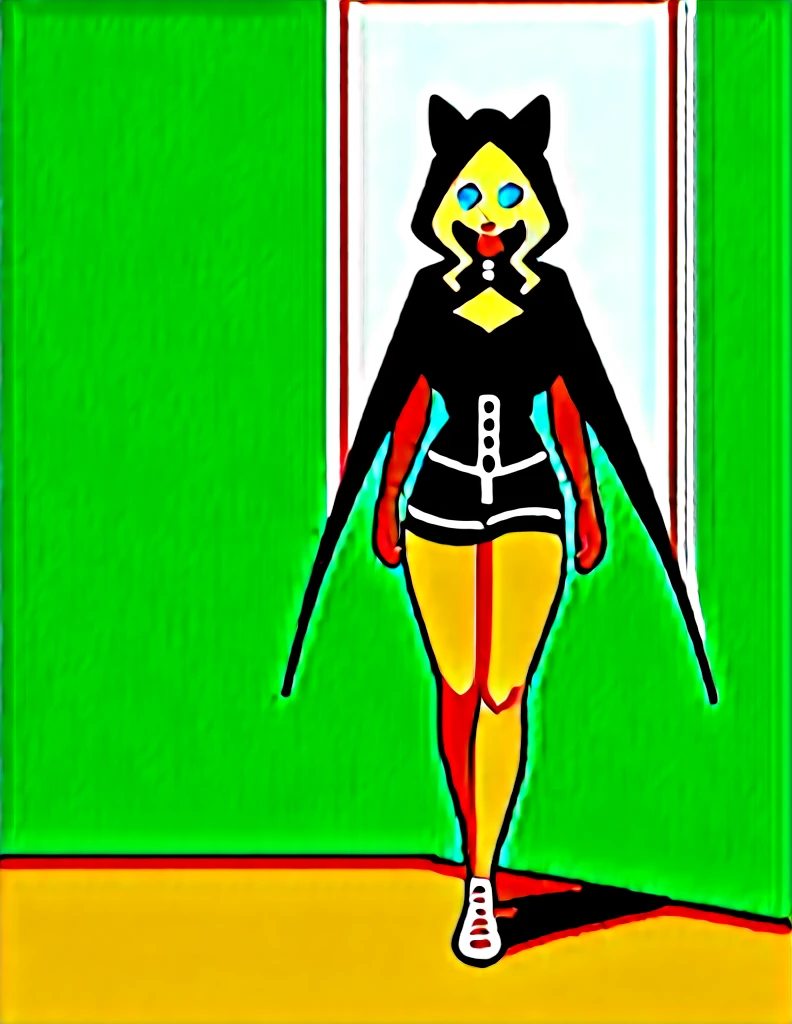 Solo, score_9,score_8_up,score_7_up, source_cartoon, kat, Anthro furry feline, female, tall slender body, long blonde hair, long undercut hair, hair covering one eye, pink nose, blue eyes, white whiskers, silver fur, grey stripes, furry body, wearing black cloth vest, black hood, black cloak, black leather medieval vest, black short shorts, adventuring gear, feet wrapped in bandages, outdoors, nighttime, eyes glowing blue, walking through a dark village alley, medieval city, shrouded in darkness, focused expression,huge