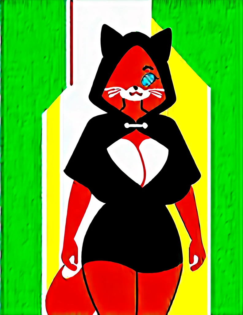 Solo, score_9,score_8_up,score_7_up, source_cartoon, kat, Anthro furry feline, female, tall slender body, long blonde hair, long undercut hair, hair covering one eye, pink nose, blue eyes, white whiskers, silver fur, grey stripes, furry body, wearing black cloth vest, black hood, black cloak, black leather medieval vest, black short shorts, adventuring gear, feet wrapped in bandages, outdoors, nighttime, eyes glowing blue, walking through a dark village alley, medieval city, shrouded in darkness, focused expression,huge breasts