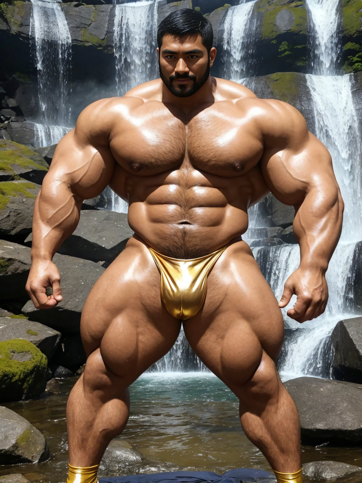 There is only one handsome Asian actor in the photo,35 years old,High target, Fitness,short hair, O-Shaped Beard,Perfect body, Dark skin color,Radiant Skin,Smooth skin,Shiny, shiny skin,Smooth pectoral muscles,No chest hair,No body hair,Muscle bulge, muscular, Very large pectoral muscles,Very sexy abdominal muscles,Very well-developed leg muscles,Huge concave and convex area,Brightens oily skin,Wearing a shiny gold leather thong,Handsome face,Wear shiny gold leather socks,Correct and accurate male body proportions, Standing in front of a waterfall,There are rainbows。
