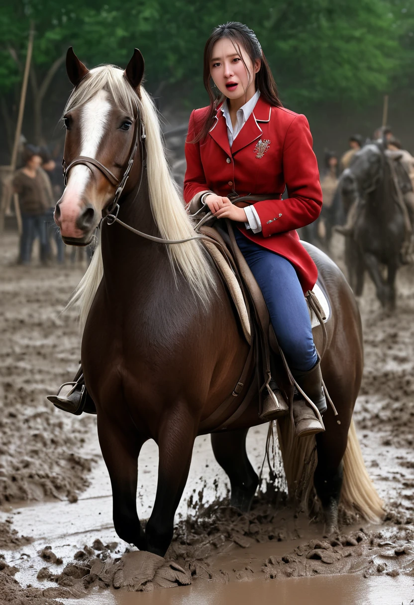 neighing horse,(((masterpiece))),(((Highest quality))),((Tabletop:1.4, Highest quality)), (Realな写真:1.4), red coat,
((1 muddy girl knight)),rodeo,Desperate,Don't make eye contact,round face,Surprised face,panish,tragedy,Pink cape and armor,horse riddn by girl is in heat
(超High resolution:1.2), wonderful, Very detailed CG Unity 8k wallpaper, Very detailed, High resolution,draft horse ridden by japanese cute girl,tight,muddy place,Beauty,The horse neighs,鎧を着たtragedyの女騎士,Sink,In the mud,Plump,
Cold Light, Beautiful detailed girl, Droopy eyes,Very detailedな目と顔, Beautiful and exquisite nose, Beautiful and exquisite, prancing draft horse ridden by a girl can't move because horse and girl soak in the sticky muddy deep pitfall:10.0 , horse falls down ,looks pained ,Surprised face:2.0,Real,Anatomically correct