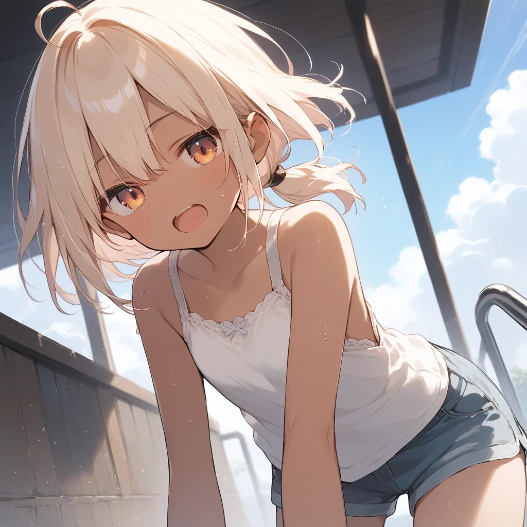 score_9, score_8_up, score_7_up, source_anime, best quality, masterpiece, official art, absurdres, highres, ultra-detailed,waifu2x,Collection: Slice of Life,break,1girl, tomboy, dark-skinned female, short hair, low ponytail, flat chest, beautiful detailed eyes, short shorts, sweat, open mouth, (yawn:0.3), sleepily, outdoors, wind,break,(clear line illustration:1.2), super detailed skin,very high resolution, very aesthetic, Best sexual lighting powered by famous artist, 8k,cute picture,beauty illustration,photoshop_(medium),,(Detailed Lighting),best anime 8k konachan wallpaper, pixiv contest winner, 