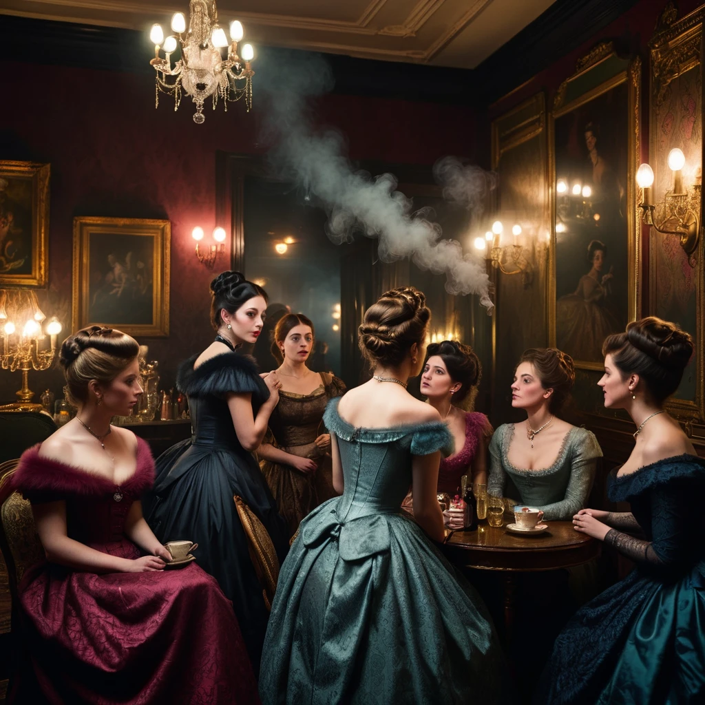 a group of women having a party in a dimly lit and smokey parlour with their backs to the camera, their attention all focused on one point. victorian, royal, sumptuous furnishings