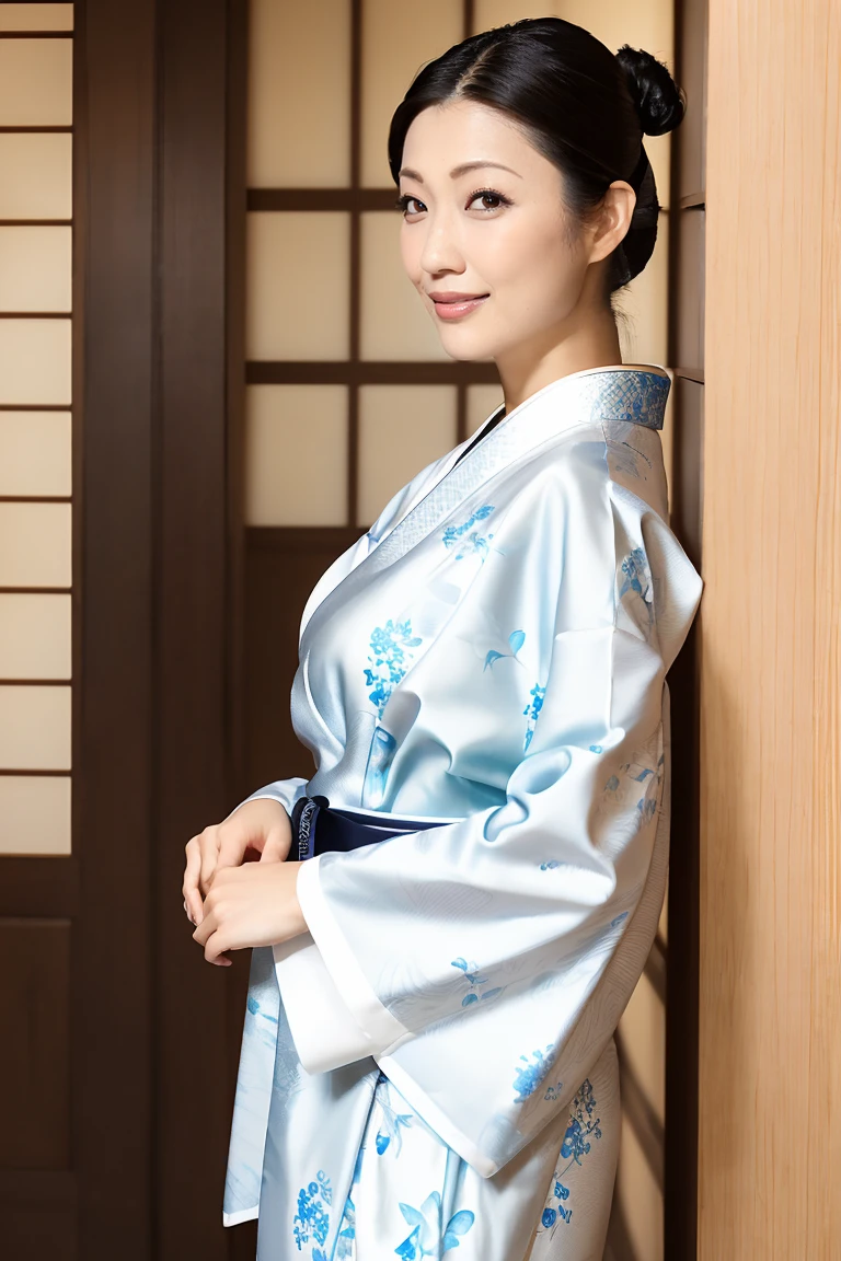 (最high quality、Tabletop、8K、Best image quality、Award-winning works)、(一人のbeautiful成熟した女性:1.1)、Adult face、(Innkeeper:1.1)、(Elegant white kimono with floral pattern:1.2)、(A kimono with a perfect and precise collar:1.2)、Perfect mature woman portrait photo、Glowing Skin、Standing Elegantly、(Blurred elegant and exquisite perfect Japanese style room background:1.3)、(The most natural and perfect tidy Japanese style room background:1.2)、(Strongly blurred background:1.2)、(Tyndall effect:1.2)、(The most romantic and moody:1.2)、Glowing White Skin、Very white skin、(Accentuate your body lines:1.1)、(The most graceful posture:1.2)、(Large Breasts:1.2)、A perfect smile、完璧なbeautiful光沢のある唇、(Accurate anatomy:1.2)、(A perfect and elegant outfit:1.1)、(Standing with good posture:1.1)、(beautiful, high quality, A gorgeous and large kimono obi:1.2)、(Long kimono:1.2)、(完璧で自然なbeautiful袖:1.2)、(完璧で自然なbeautiful衿:1.2)、(完璧で自然なbeautiful着物:1.2)、(完璧で自然なbeautiful袂:1.2)、(The finest patterned obi:1.4)、(完璧で自然なbeautiful帯:1.1)、(Bun Hair:1.2)