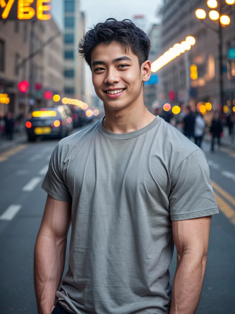 (best quality, 4K, 8K, high resolution, Masterpiece: 1.2), Special details, (realistically, As realistic as a photo, photo realistic: 1.37), Edge lighting, Extra detailed coloring, sharp focus, Physical rendering ,Extremely detailed description,professional,light color,Bokeh,Portrait,look at the viewer,
Young Asian man, 20 years old ,(Wear a gray T-shirt.), smile