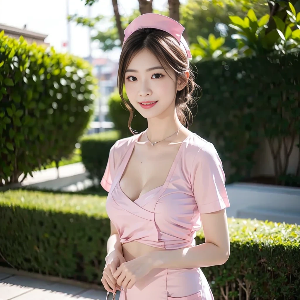 ((Mature woman standng in a garden)),((see through pink nurse:1.3)). 40k, Photography, masutepiece, Best Quality, dark grey background, ((Mature Women, waifu, mami, A MILF)), ((voluptuous breasts)), Perfect face, perfect , ((1girl_solo with brown eyes and gorgeous bright black hair)). a Pretty Japanese woman,wet hair look, completely soft chest and white skin,, ((Very soft breasts)). Ultra-detailed face, Detailed eyes, embarrassed, Smile, Winter, Daytime, side body view,