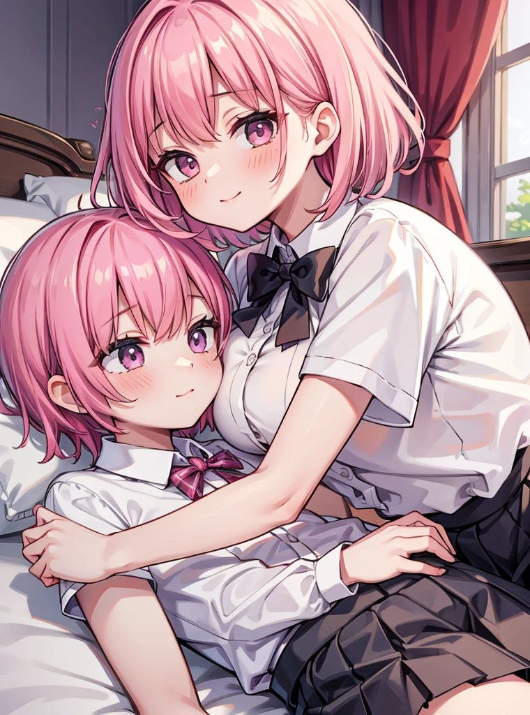 masterpiece, Highest quality, so beautiful, absurdes,High resolution,One girl, One boy,Cuddling in bed, like,sexly,Look at each one, blush,Age difference,bow tie,bionde,chest,Long Hair,Pink Hair,Tucked in shirt,short hair,skirt,smile,Tent shirt,Slut,Big breasted sister and brother,Siblings, trousers,Pushing her big tits against her brother