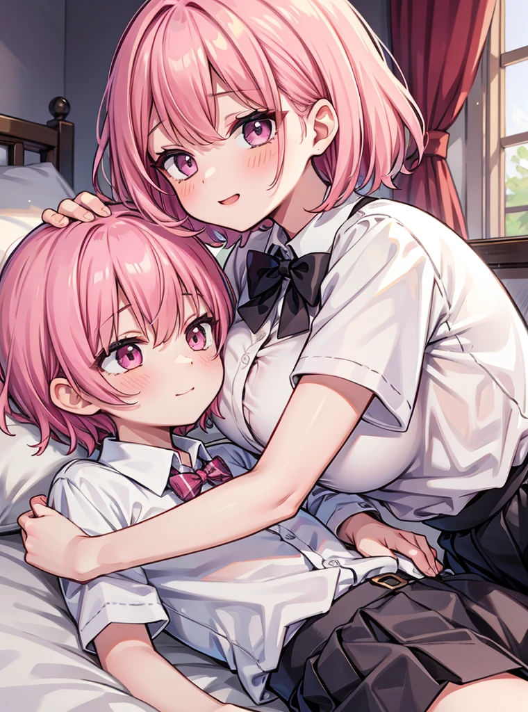 masterpiece, Highest quality, so beautiful, absurdes,High resolution,One girl, One boy,Cuddling in bed, like,sexly,Look at each one, blush,Age difference,bow tie,bionde,chest,Long Hair,Pink Hair,Tucked in shirt,short hair,skirt,smile,Tent shirt,Slut,Big breasted sister and brother,Siblings, trousers,Pushing her big tits against her brother