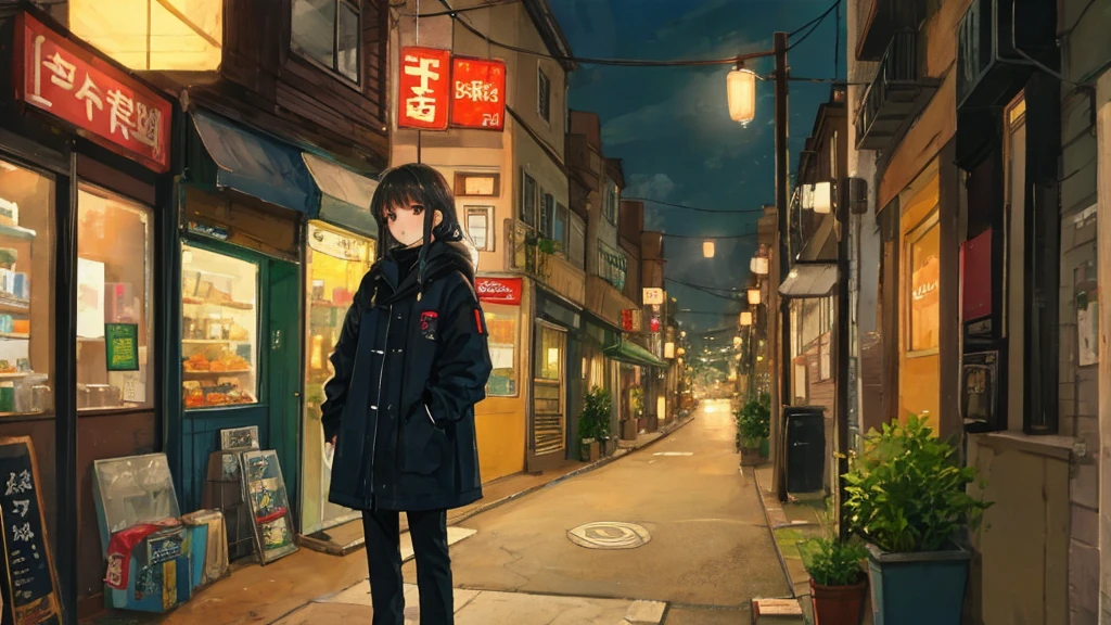 (masterpiece、Highest quality、Highest quality、Official Art、Beautiful and aesthetic:1.2)、Near future、Blade Runner、Slum Street、Late at night、Lo-fi Hip Hop、Cafe with small lights、Residential Street、silence、It's raining a little、