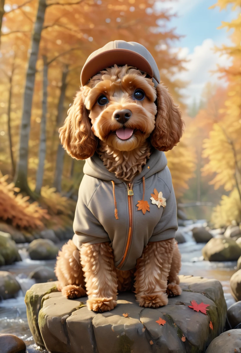 A cute brown Cavapoodle with fluffy fur wearing an urban outfit, one hoodie, and a classic flat cap, sitting on a rock by a picturesque autumn forest with colorful falling leaves and a serene river flowing nearby. The background is natural and tranquil, with an autumnal theme. Adorable Digital Painting, 3D rendered, warm lighting, vibrant colors, outside in the fall season