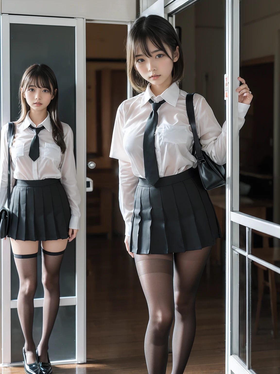 (4 sisters)、Gal、(Neon Town)、(Four tall high school girls with model figures:1.8)、(Standing facing this), Full body photo、(Gal達の修学旅行の集合写真:1.7)、(wide thighs, とてもLong legs), High heels on the ground, classroom, (masterpiece:1.3), (8K, Realistic, RAW Photos, Highest quality: 1.4), Beautiful Face, (Realistic face), (Blonde short cut:1.3), Realistic目, Very beautiful eyes, Realistic skin, Beautiful Skin, Ultra-high resolution, Super Realistic, Very detailed, Golden Ratio, cute, cute female teacher, High school girl in summer clothes, Surreal school girl, pleated micro mini skirt, Milk splashed on the uniform、濡れたpantyhose、pantyhose, (Black Stockings)、High heel loafers, Full body portrait, Thin arms, (Big Breasts)、black leather designer bag、 High school girl in JK uniform, Surreal school girl, high waist micro mini skirt, Milk splashed on the uniform、(精子が流れているBlack Stockingspantyhose)、pantyhose, Black Stockings、High heel loafers, Full body portrait, Thin arms, (Big Breasts)、(Her uniform shirt is open, expose her bra)、wide thighs、Long legs, , (光沢のある黒色pantyhoseの広い太もも), High heel loafers, (They are leaking a lot of white semen), (Semen is an opaque white liquid),(黒色pantyhoseの上に白精液が飛び散ってます)、((黒色pantyhoseと白色精液のコントラスト))、I can see it clearly、(たくさんの白精液が黒色pantyhoseの上を流れる)