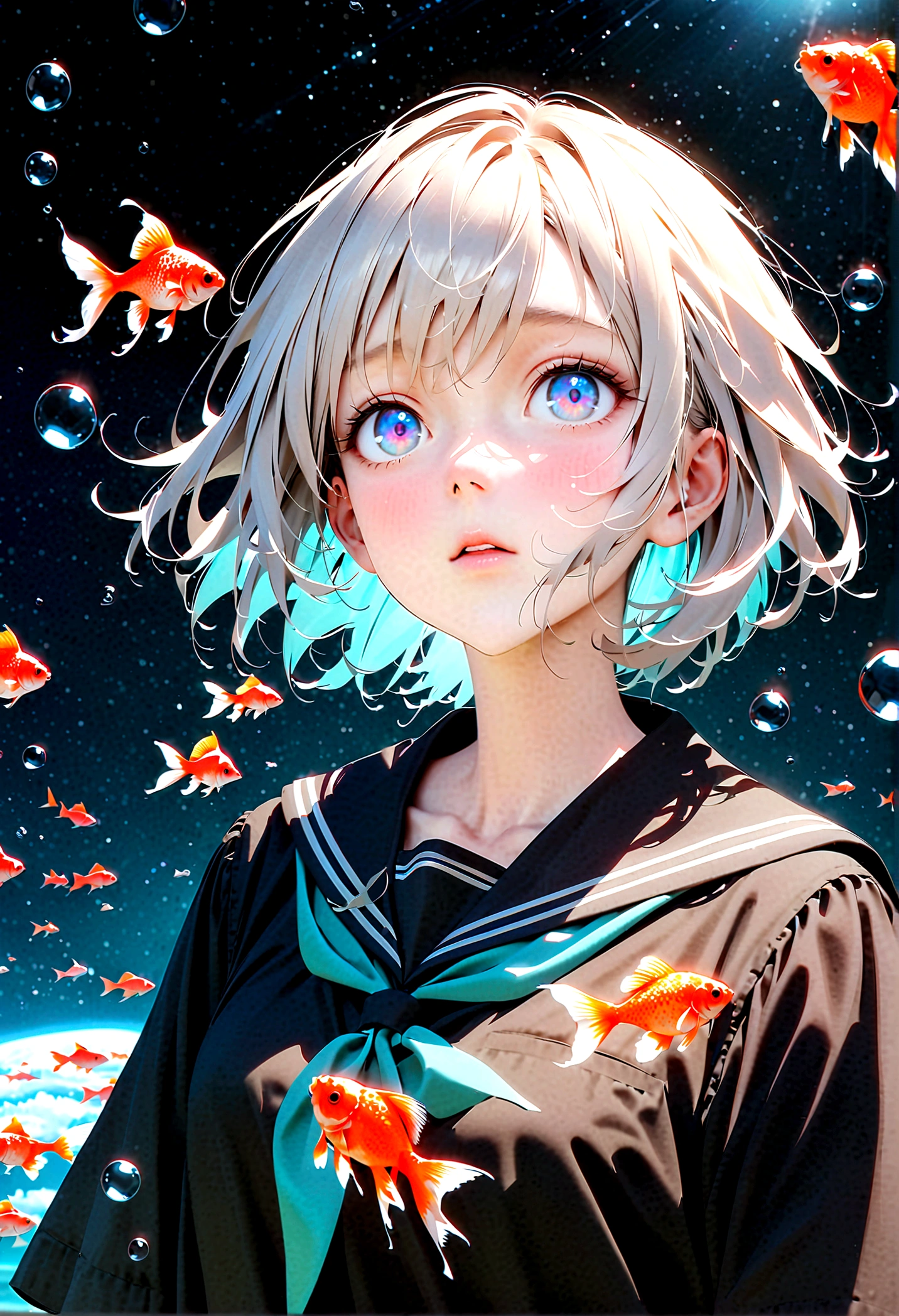 (woman\(student, 15 years old, ＪＫ, short hair, Silver Hair, Floating Hair, Space-colored eyes, Black sailor suit\(Of high school\), Pale skin, Tired face, No shine in the eyes\) Looking up at the sky), (Many goldfish are swimming in the air), Beautiful sky, Beautiful Clouds, Colorful summer flowers are blooming everywhere., (Transparent bubbles shine like prisms here and there in the sky), The midday moon and the midday star shine in the sky, woman is at messy downtown, break ,quality\(8K,非常に精細なCGユニットのwallpaper, masterpiece,High resolution,top-quality,top-quality real texture skin,Surreal,Increase the resolution,RAW Photos,最高quality,Very detailed,wallpaper,Cinema Lighting,Ray-tracing,Golden Ratio\),(Long Shot),Wide Shot,