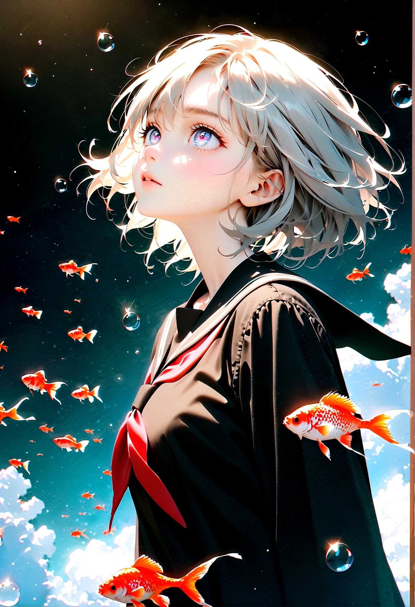 (woman\(student, 15 years old, JK, short hair, Silver Hair, Floating Hair, Space-colored eyes, Black sailor suit\(Of high school\), Pale skin, Tired face, No shine in the eyes\) Looking up at the sky), (Many goldfish are swimming in the air), Beautiful sky, Beautiful Clouds, Colorful summer flowers are blooming everywhere., (Transparent bubbles shine like prisms here and there in the sky), The midday moon and the midday star shine in the sky, woman is at messy downtown, break ,quality\(8K,非常に精細なCGユニットのwallpaper, masterpiece,High resolution,top-quality,top-quality real texture skin,Surreal,Increase the resolution,RAW Photos,最高quality,Very detailed,wallpaper,Cinema Lighting,Ray-tracing,Golden Ratio\),(Long Shot),Wide Shot,