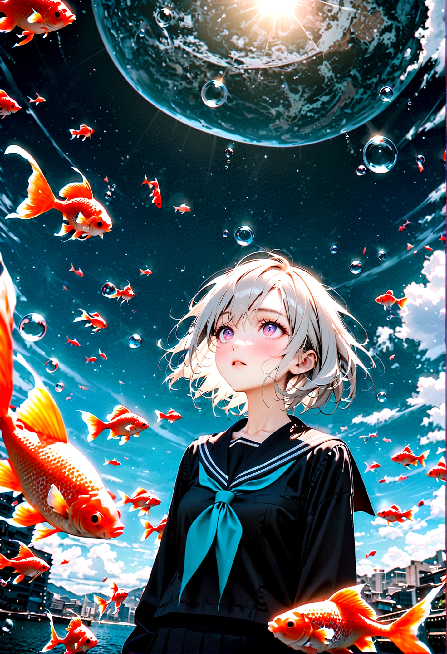 (woman\(student, , JK, short hair, Silver Hair, Floating Hair, Space-colored eyes, Black sailor suit\(Of high school\), Pale skin, Tired face, No shine in the eyes\) Looking up at the sky), (Many goldfish are swimming in the air), Beautiful sky, Beautiful Clouds, Colorful summer flowers are blooming everywhere., (Transparent bubbles shine like prisms here and there in the sky), The midday moon and the midday star shine in the sky, woman is at messy downtown, break ,quality\(8K,非常に精細なCGユニットのwallpaper, masterpiece,High resolution,top-quality,top-quality real texture skin,Surreal,Increase the resolution,RAW Photos,最高quality,Very detailed,wallpaper,Cinema Lighting,Ray-tracing,Golden Ratio\),(Long Shot),Wide Shot,