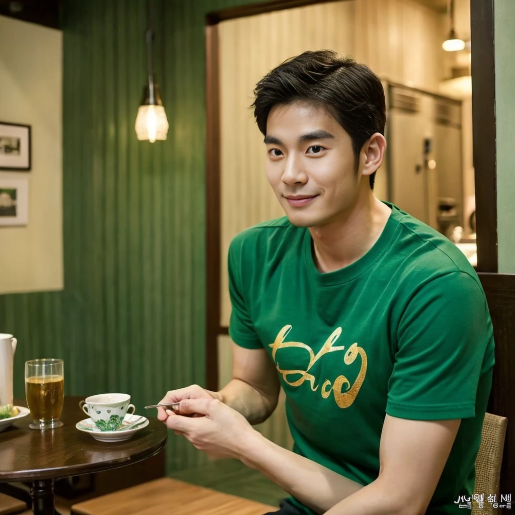 独奏:1.3 ,Korean man, Inspiration from Peng Yuyan, 30 years old, 236 years old, Cute Korean Face, 35 yo, 33 year old Korean muscular man，The dining room is in the back. green t-shirt