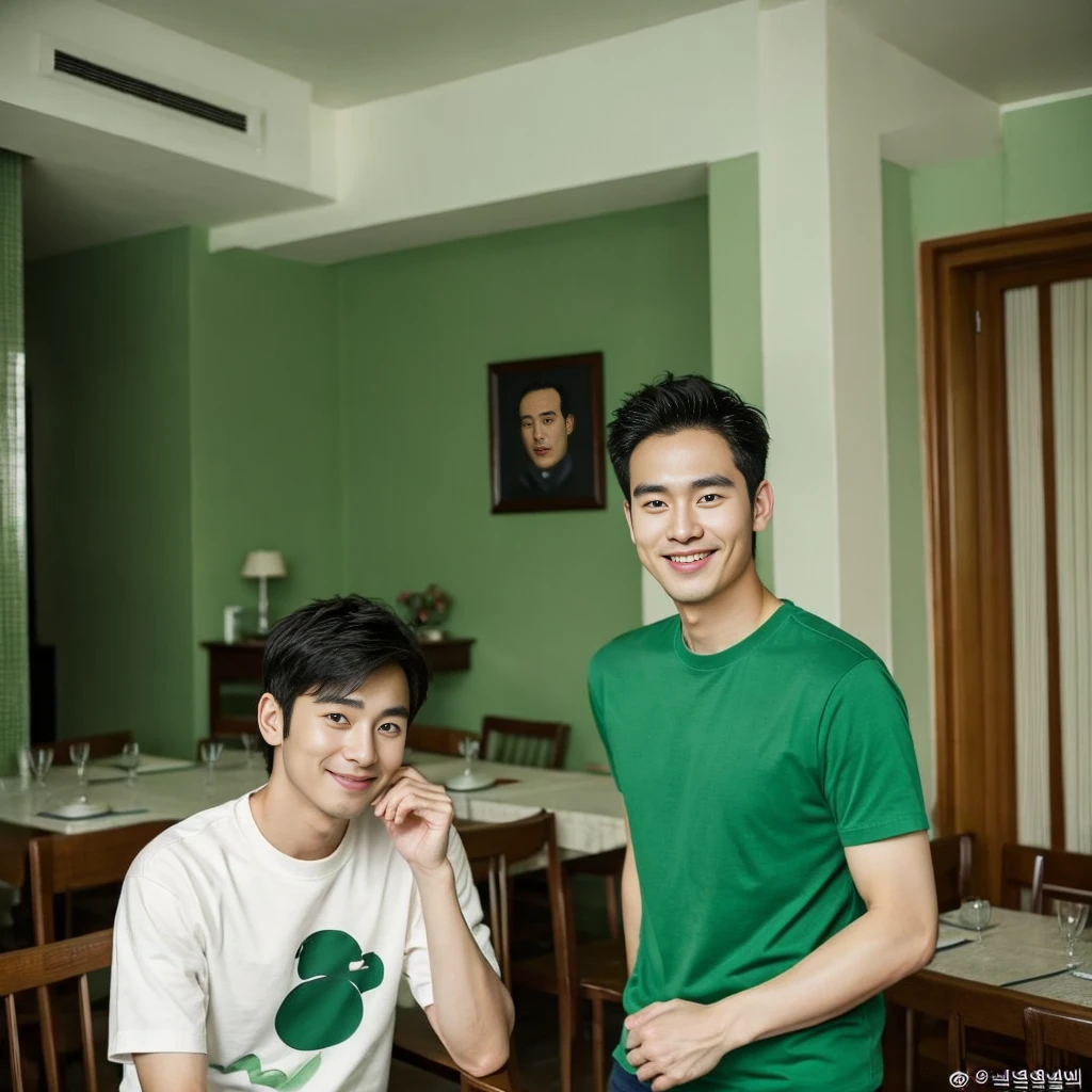 独奏:1.3 ,Korean man, Inspiration from Peng Yuyan, 30 years old, 236 years old, Cute Korean Face, 35 yo, 33 year old Korean muscular man,The dining room is in the back. green t-shirt