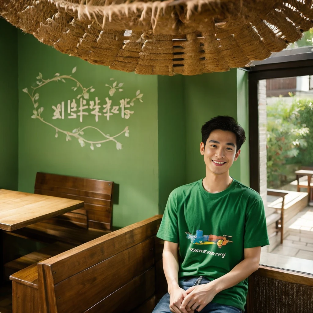 独奏:1.3 ,Korean man, Inspiration from Peng Yuyan, 30 years old, 236 years old, Cute Korean Face, 35 yo, 33 year old Korean muscular man,The dining room is in the back. green t-shirt