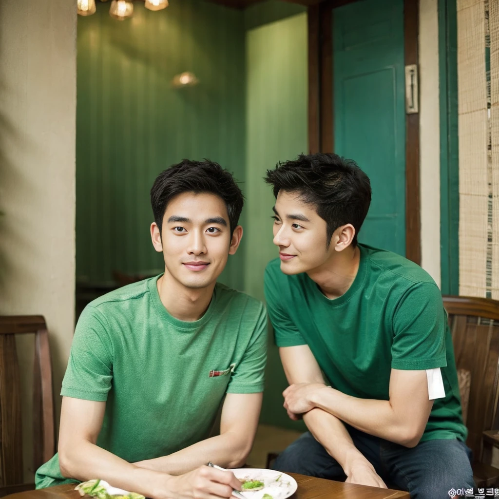 独奏:1.3 ,Korean man, Inspiration from Peng Yuyan, 30 years old, 236 years old, Cute Korean Face, 35 yo, 33 year old Korean muscular man,The dining room is in the back. green t-shirt