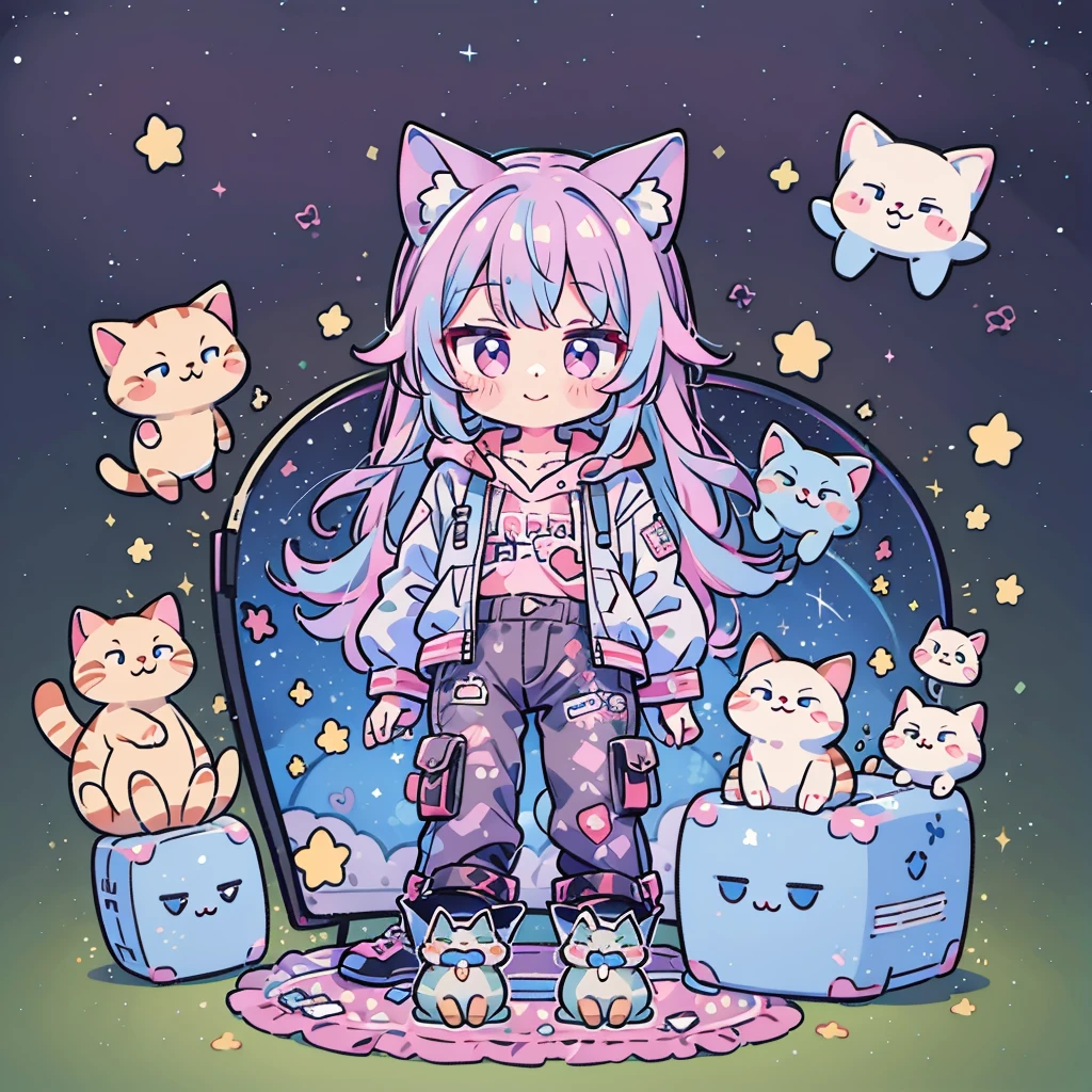 ((Highest quality,masterpiece,Extremely complex and exquisite details,A short girl with gray and blue cat ears and long hair is in the center,Gray blue super long straight hair,Curly hair at the ends,Sparse air bangs,Gray and pink T-shirt,Denim hooded cropped jacket,Black and gray long cargo pants)),(pink and white sneakers,Smile slightly,Surrounded by tons of cute short-legged cats,Correct anatomy),Super Q super cute short full body portrait,Starry sky background vertical painting space scene