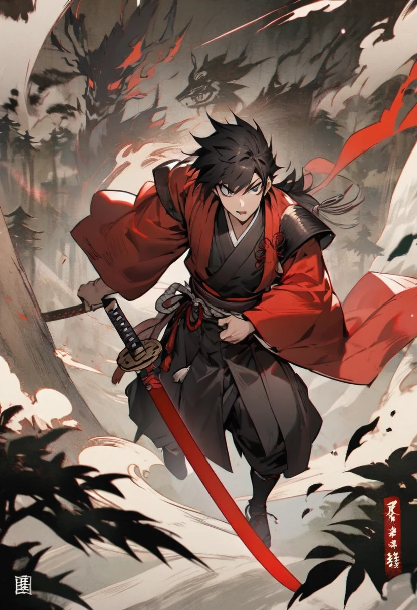 young man ,Male Dark, dark Woods,Red & Black colors, odd eye, samurai dnd, ronin background, hold katana in right hand