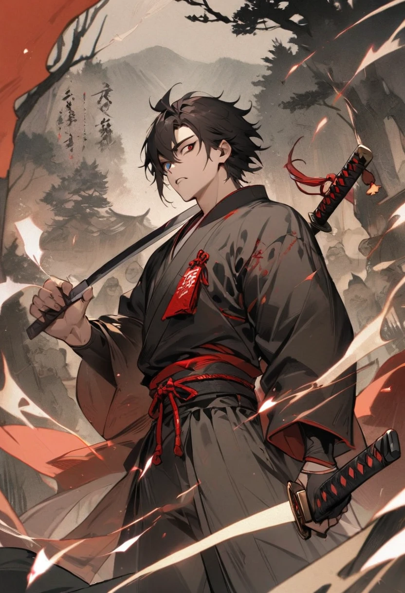 young man ,Male Dark, dark Woods,Red & Black colors, odd eye, samurai dnd, ronin background, hold katana in right hand