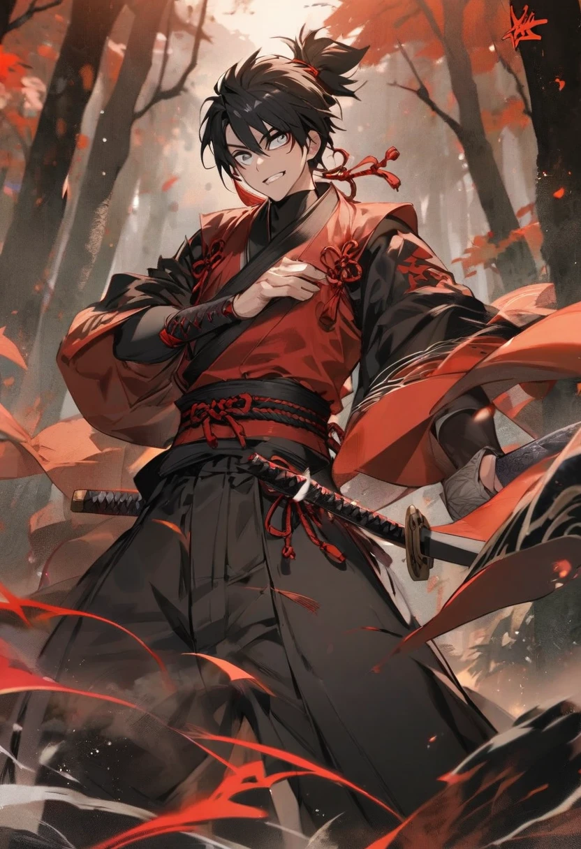 young man ,Male Dark, dark Woods,Red & Black colors, odd eye, samurai dnd, ronin background, hold katana in right hand
