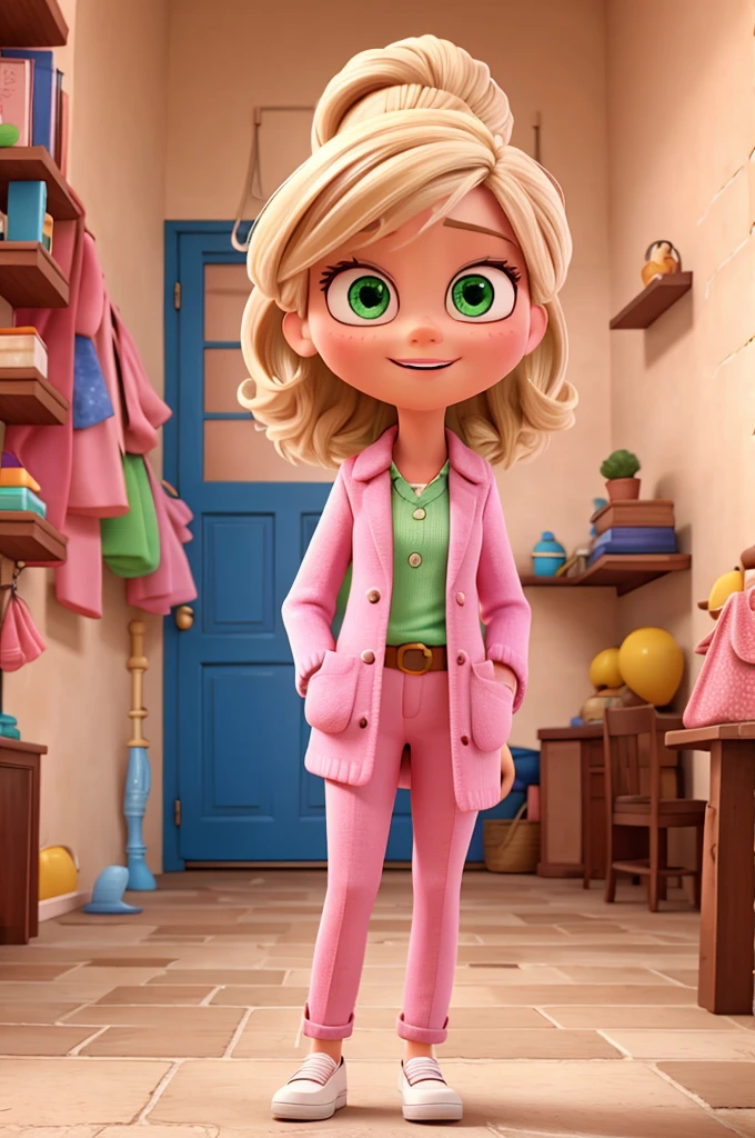 3d cartoon character of woman from the movie Inside Out Disney Pixar style, with light pink skin, green eyes water, silver blonde Chanel hair, with pink blazer, white  shirt, pink pants and pink high heels and joy on your face
