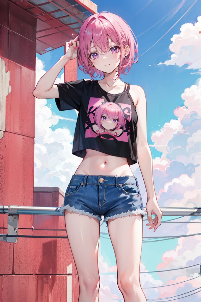 Pink hair,Purple Eyes,short hair,sister head,Two black hairpins,Girl,cute,laughing expression,Short sleeves with exposed shoulders,Denim shorts,Navel,Wearing sneakers,Standing on the ground,whole body,Don't show your arms,The background is the other side of the flower,A lot of red spider lilieany clouds