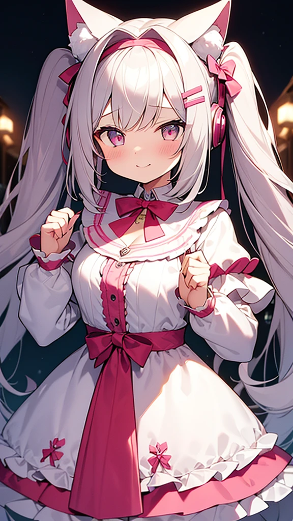 Highest quality、Masterpiece、Super detailed、8K、、1 girl、Gray Hair、Fluffy, soft, loosely curled long hair、Twin tails、Cherry-colored eyes、White and pink lolita outfit、Lace cape、Pink Cat Ear Headphones、Neon city at night、Ribbon hairpin、Lots of ribbon hair accessories、Cleavage、smile、Embarrassed expression、White and pink neon city、Big Tits
