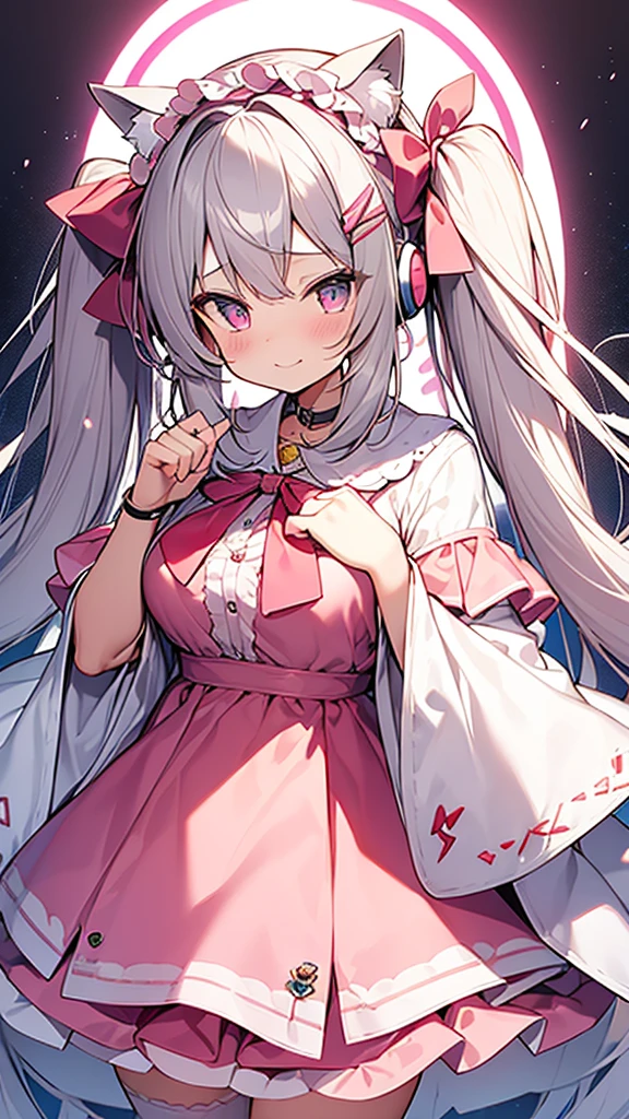 Highest quality、Masterpiece、Super detailed、8K、、1 girl、Gray Hair、Fluffy, soft, loosely curled long hair、Twin tails、Cherry-colored eyes、White and pink lolita outfit、Lace cape、Pink Cat Ear Headphones、Neon city at night、Ribbon hairpin、Lots of ribbon hair accessories、Cleavage、smile、Embarrassed expression、White and pink neon city、Big Tits
