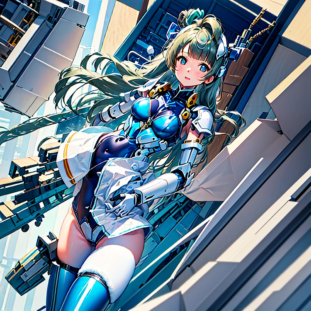 masterpiece, high quality, Inside the Institute of Mechanization、On the operating table during remodeling surgery、Minami Kotori, who has been turned into a mechanical body cyborg、Gynoid cyborg body modification surgery、Blue and white leotard armor、Single image、from the front,Put the whole body