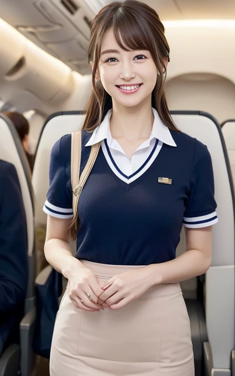 (4K,8K,Masterpiece，Realistic），Super Resolution:1.2、（Japanese:1.3）、Realistic、Japaneseアイドルの顔、woman、 、Beautiful eyes、cute、smile、Perfect hands、Natural Makeup、bangs、Cabin attendant、Inside the plane、Standing posture、Tight Skirt、uniform