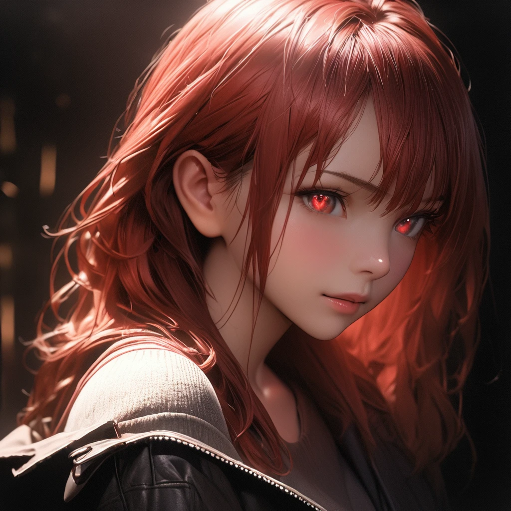 Best quality, masterpiece, ultra high res, (photorealistic:1.4), raw photo, 1boy, offshoulder, in the dark, deep shadow, low key, cold light, detailed skin, red eyes, red hair, upper body
