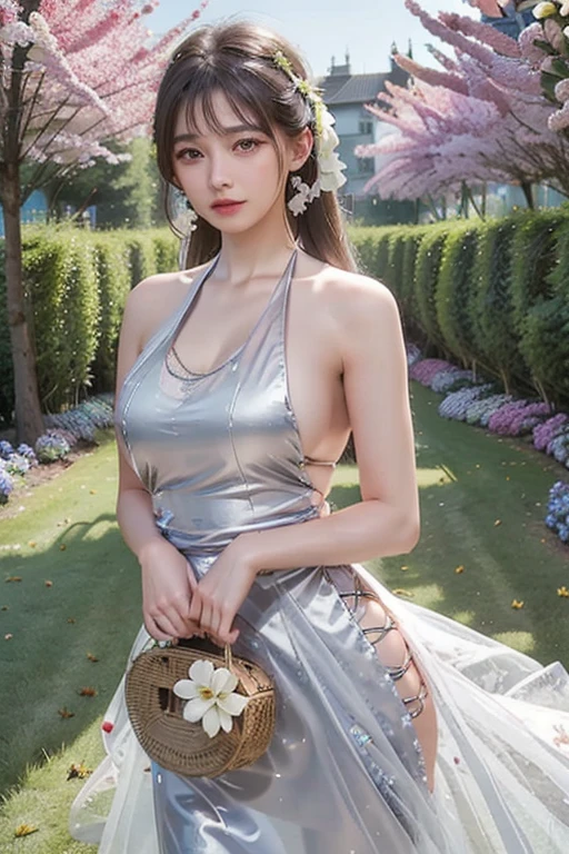 ((((highest quality))))、(((Ultra-precision CG16K wallpaper)))、(((masterpiece)))、(((Super detailed)))、(((Extreme detail)))、((1Mature 29 year old woman:1.6))、((Very beautiful Japanese faces))、((vegetable々Introduction:1.5))、((Soft wavy long ponytail hair、blunt bangs:1.5))、(Shiny brown hair)、Beautiful delicate eyes、Brown Eyes、eyeliner、Eyeshadow、High nose、Small nostrils、Small Mouth、Seductive lips、Beautiful breasts、((C cup size breasts))、Cleavage、Beautiful feet、eight-headed body、Perfect proportions、Perfect Anatomy、Perfect composition、Beautiful detailed shading、Beautiful, natural lighting、Beautiful detail glow、Depth of written boundary、(((High chroma)))、(((Real:1.9)))、((vivid:1.5))、((Beautiful Skin))、((Skin Texture))、((Realな皮膚感))、(((Cowboy Shot:1.6)))、((front view、shoot from front、Front low angle:1.6))、(((smile:1.6)))、((The woman is looking at this、looking at viewer、Facing forward:1.6))、Bright daylight、Natural light、(((Fountain Square、Trees:1.5)))、(Gravure idol pose:1.6)、(((Ivory cream lace knit see-through vest、See-through loincloth:1.6)))、((Scrunchie Ribbon、Earrings、Wearing a necklace:1.5))、((Knee-high socks:1.5))、
