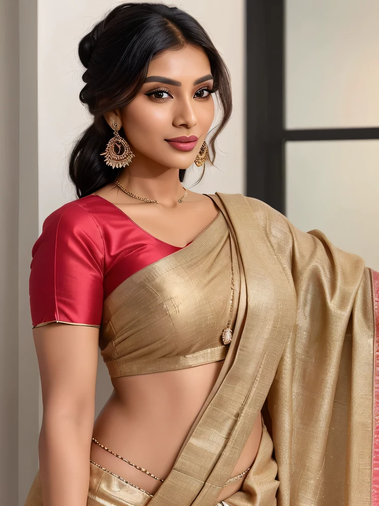 Sure, here is the modified prompt:
Create an ultra-realistic image of a modern, attractive female influencer of Indian descent, aged between 27 to 30. She should have a warm and inviting smile, expressive almond-shaped eyes with a slight shimmer, and clear, glowing skin with a medium brown complexion. Her features should be well-defined, with high cheekbones and a sharp jawline. Her hair should be long, thick, and wavy, with a natural shine and bounce, styled in a classic and elegant updo with a modern twist, and colored in a vibrant, warm red that’s eye-catching and bold. She should have a slender yet athletic build, reflecting a healthy and active lifestyle.
She is wearing professional yet stylish ethnic wear, like a saree or kurta set, which highlights her toned figure. Her bust size is medium (40-42 inches), providing a balanced and proportionate size that fits a variety of body types, offering versatility in fashion. Her outfit is completed with stylish black heeled sandals that add elegance to her look. She accessorizes with subtle yet chic jewelry, such as small hoop earrings and a few thin bangles.
The background should be a modern coworking space with cutting-edge technology, suggesting a contemporary and professional lifestyle. Her overall appearance should exude confidence, approachability, and sophistication, capturing the essence of a contemporary Indian fashion influencer.