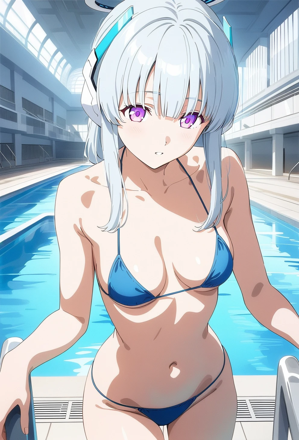 best quality, amazing quality, very aesthetic, absurdres, (1girl, noa, blue archive, solo, purpel eyes), (realistic face:0.9),(string bikini:1.8), (glare, thigh:1.3), (cowboy shot), (glowing eyes), (half closed eyes:0.9), (Soft Light:1.7), (official art:1.3), (pool), expressive eyes, perfect face, extremely detailed eyes, perfect anatomy, smooth skin, (pool background:1.5), clear eyes, beautiful face, medium breasts, (anime style:1.7), (highres:2), (Chiaroscuro),