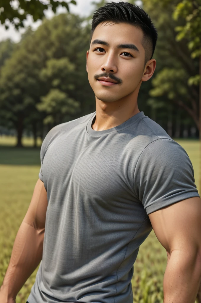 Masterpiece, best quality, high resolution, realistic, handsome, Take beautiful photos, Sayk, NRF, Photo of the 35 year old gym association (The man has a thin mustache.:1.2) Portrait, Standing on the edge of a field with grass , make military media, weight, Amazing , Buzzcut short hair,stubble head , (Hyper Muscle),looking at the audience, Flirt with the camera, charming, (Tight gray exercise shirt ),(GS-Male:1), 8K,Bokeh,Portrait,look at the viewer,