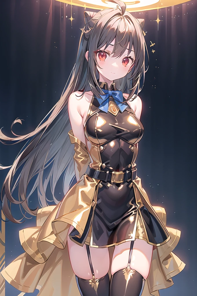 1girl,solo,cowboy shot,standing,(black hair:1.6),long hair,cone hair bun,hair ornament,hair intakes, ahoge, bangs,(red eyes:1.3),(beautiful fingers:1.4),(perfect anatomy:1.4),(arms_behind_back:1.6),(cold_shoulder:1.2),BREAK,(gold cyber ​​suit:1.6),(gold jacket:1.1),(gold pencil mini skirt:1.2),(leather lace glossy silk lamé:1.4),(latex luster shiny glossy:1.6),(shiny_clothes:1.6),medium breasts,beautiful breasts,masterpiece,best quality,(Ultra high definition eyes:1.2),8k,(Beautiful detailed eyes:1.2),(Fine and beautiful eyes:1.2),(pretty eyes:1.2),finely detail,extremely CG, absurdres,high resolution,illustration,Detailed and beautiful outlines,finely detail,high resolution,(colorful refraction:1.4,Increase saturation:1.2),beautiful lighting,dynamic lighting,closed room,black background,simple background, smile,looking at viewer,BREAK, blue bowtie, red coat, long sleeves, belt, garter straps,(gold thighhighs:1.4)