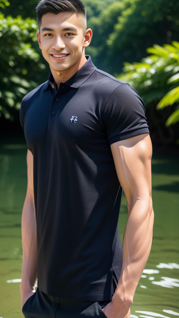 (Create a masterpiece: 1.2),(CGI art:1.3),(realistic:1.5),(After processing:1.3),(Sharp focus:1.3),10,1 man, smile, (Wear a dark gray polo shirt.), Navy cargo pants, Korean guy , korean men, (High gloss details), chest muscles, large arm muscles, blood vessel, Big muscles, Broad shoulders, looking at the audience, Balancing the eyes, rice field