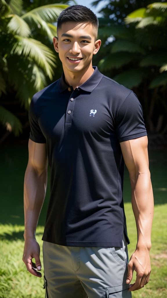 (Create a masterpiece: 1.2),(CGI art:1.3),(realistic:1.5),(After processing:1.3),(Sharp focus:1.3),10,1 man, smile, (Wear a dark gray polo shirt.), Navy cargo pants, Korean guy , korean men, (High gloss details), chest muscles, large arm muscles, blood vessel, Big muscles, Broad shoulders, looking at the audience, Balancing the eyes, rice field