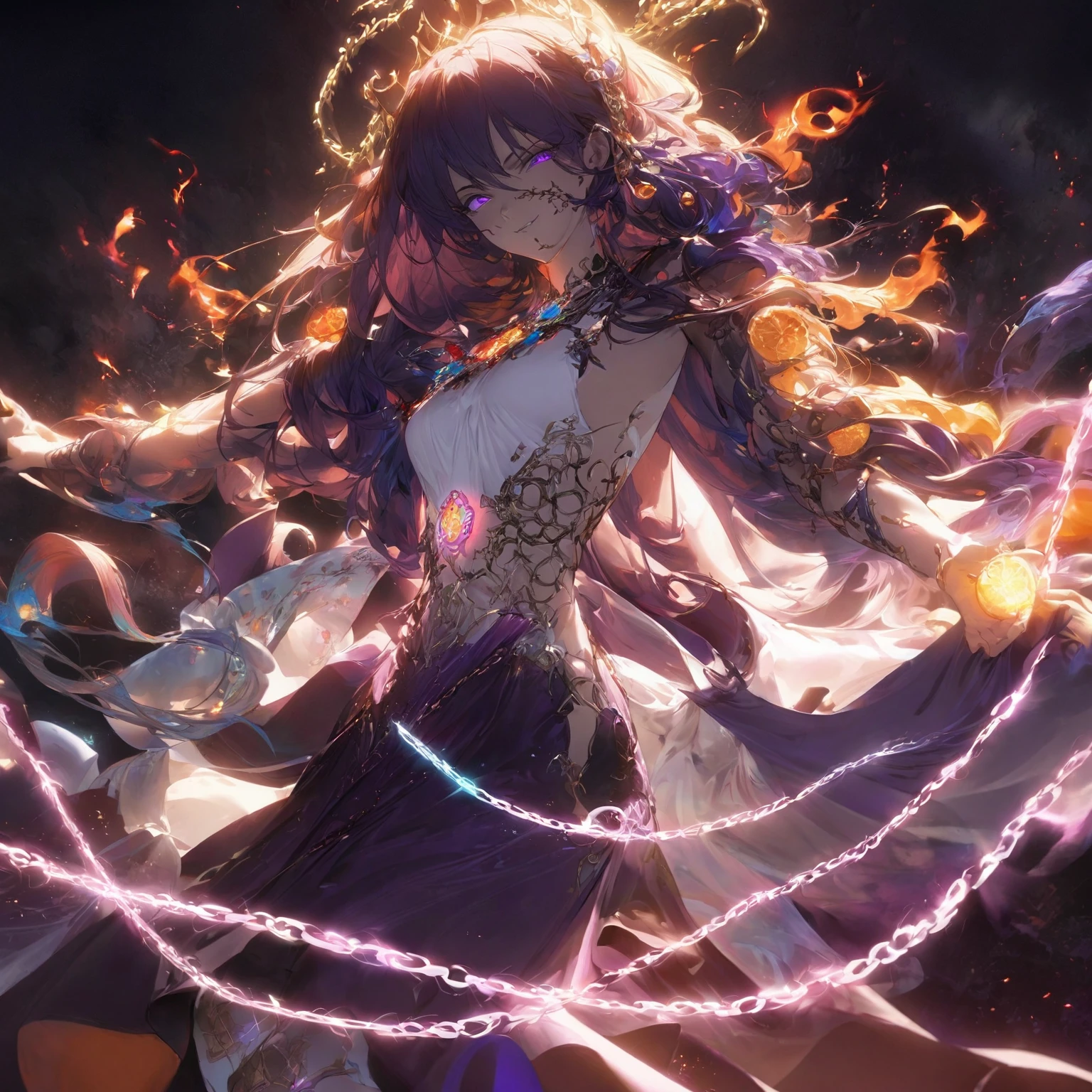Woman with the super power Chain Soul,Dark and dramatic background,Hints of her power theme with ethereal chains,Sparks illuminating the character,Environment enhancing the fiery and powerful theme,Dynamic pose that looks natural, (nude:0.8) Conniving/scheming facial expression with narrowed, slanted eyes,Sly smirk,Arched eyebrows,Unique hairstyle,Concept art fashion outfit,Dark, intricate top with ethereal chain patterns,Arm and hand accessories with mystical symbols,Bottom with sleek, flowing fabric,Leg accessories like dark, elegant boots with ethereal accents,Hair accessories with small chains and mystical gems,Head accessory like a subtle crown or headband with glowing elements,Color scheme of dark purples, blacks, and fiery oranges,Additional elements like floating, glowing symbols,A subtle aura around the character, detailed gorgeous face| anime style| key visual| intricate detail| highly detailed| breathtaking| vibrant| panoramic| cinematic| Carne Griffiths| Conrad Roset| gibbli 8k