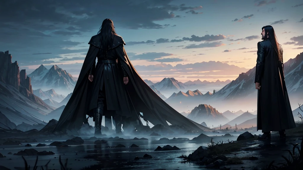 Epic scene of a very tall man seen from behind is found on top of a mountain watching a horde of nightmarish creatures that enter the valley floor floating in a tar river. The man has long hair and is of strong build with broad shoulders. His image is powerful. He is dressed in a long black leather coat.