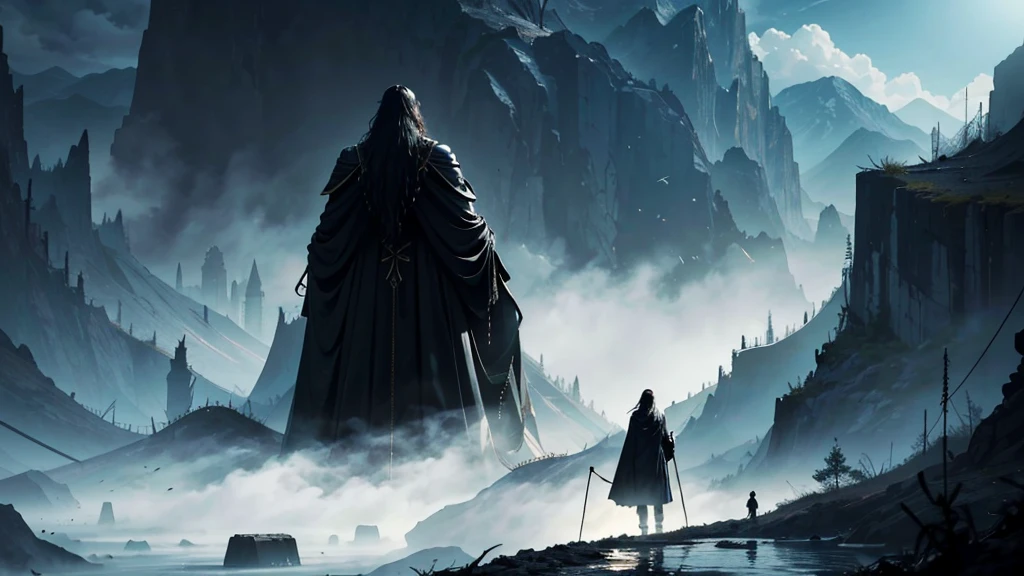 Epic scene of a very tall man seen from behind is found on top of a mountain watching a horde of nightmarish creatures that enter the valley floor floating in a tar river. The man has long hair and is of strong build with broad shoulders. His image is powerful. He is dressed in a long black leather coat.