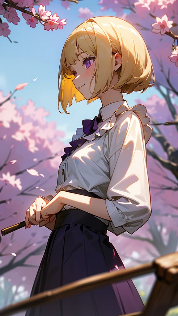 1 Girl、Anime-style paintings、Upper body close-up、From the side、Holding a hatchet、Small breasts、smile、(blonde)、Bobcut、Beautiful purple eyes、Frilled blouse、Morning Park、Background Blur, Written boundary depth