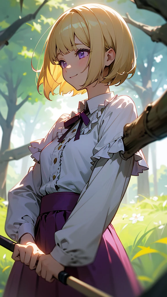 1 Girl、Anime-style paintings、Upper body close-up、From the side、Holding a hatchet、Small breasts、smile、(blonde)、Bobcut、Beautiful purple eyes、Frilled blouse、Morning Park、Background Blur, Written boundary depth